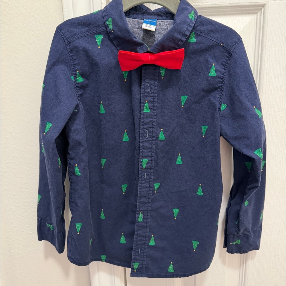 Kids Navy Blue Shirt with Green Tree Print and Red Bow Tie